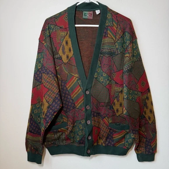 Patchwork pattern knit oversized cardigan wool blend pockets multicolor vintage - Picture 1 of 10